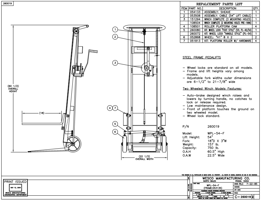 Two Wheel Hand Winch Fork Lift Truck